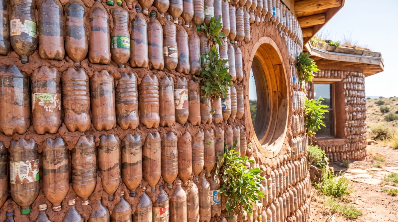 Construção sustentável de casas e muros usando garrafas PET cheias de terra compactada