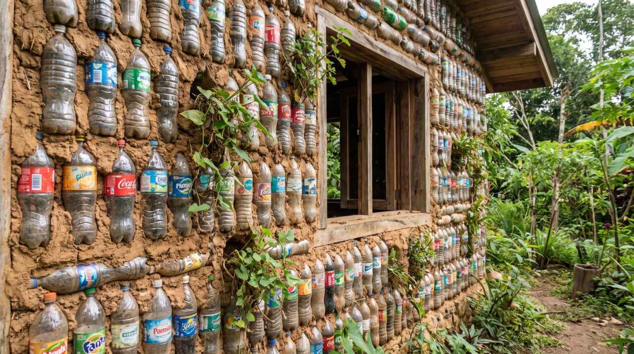 Milhares de garrafas plásticas preenchidas com terra compactada viram blocos de montar inquebráveis que erguem muros e moradias sociais imunes a ventanias e frio extremo