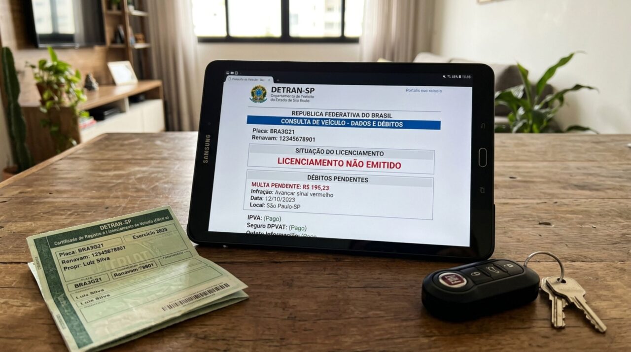 Motorista é parado em blitz, afirma que quitou o IPVA e todas as taxas do ano, fiscalização encontra multa vinculada ao veículo e condutor descobre por que um débito antigo pode impedir a regularização do licenciamento