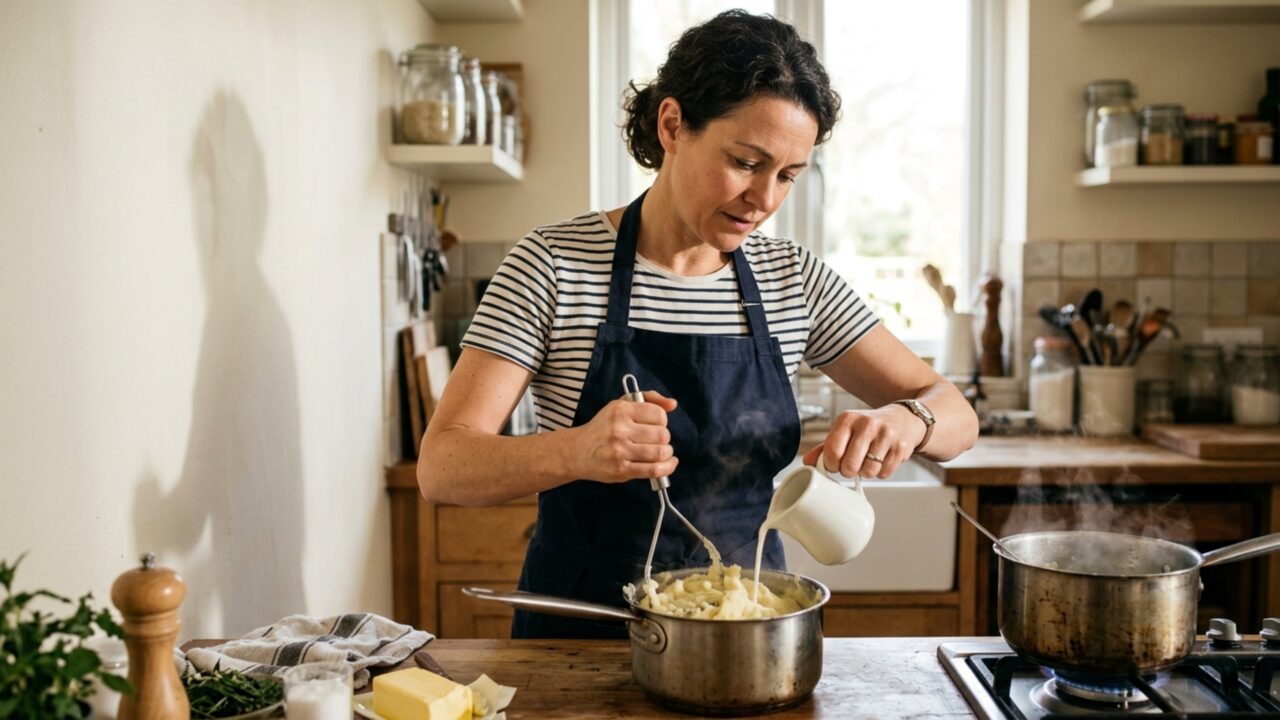 O purê fica mais cremoso quando a batata ainda está quente: esperar esfriar antes de amassar pode atrapalhar justamente a textura
