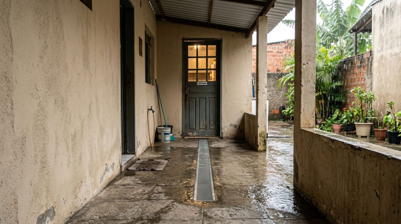 Família instala piso antiderrapante em todo o corredor e, na primeira chuva, descobre que a água passou a entrar pela porta da cozinha