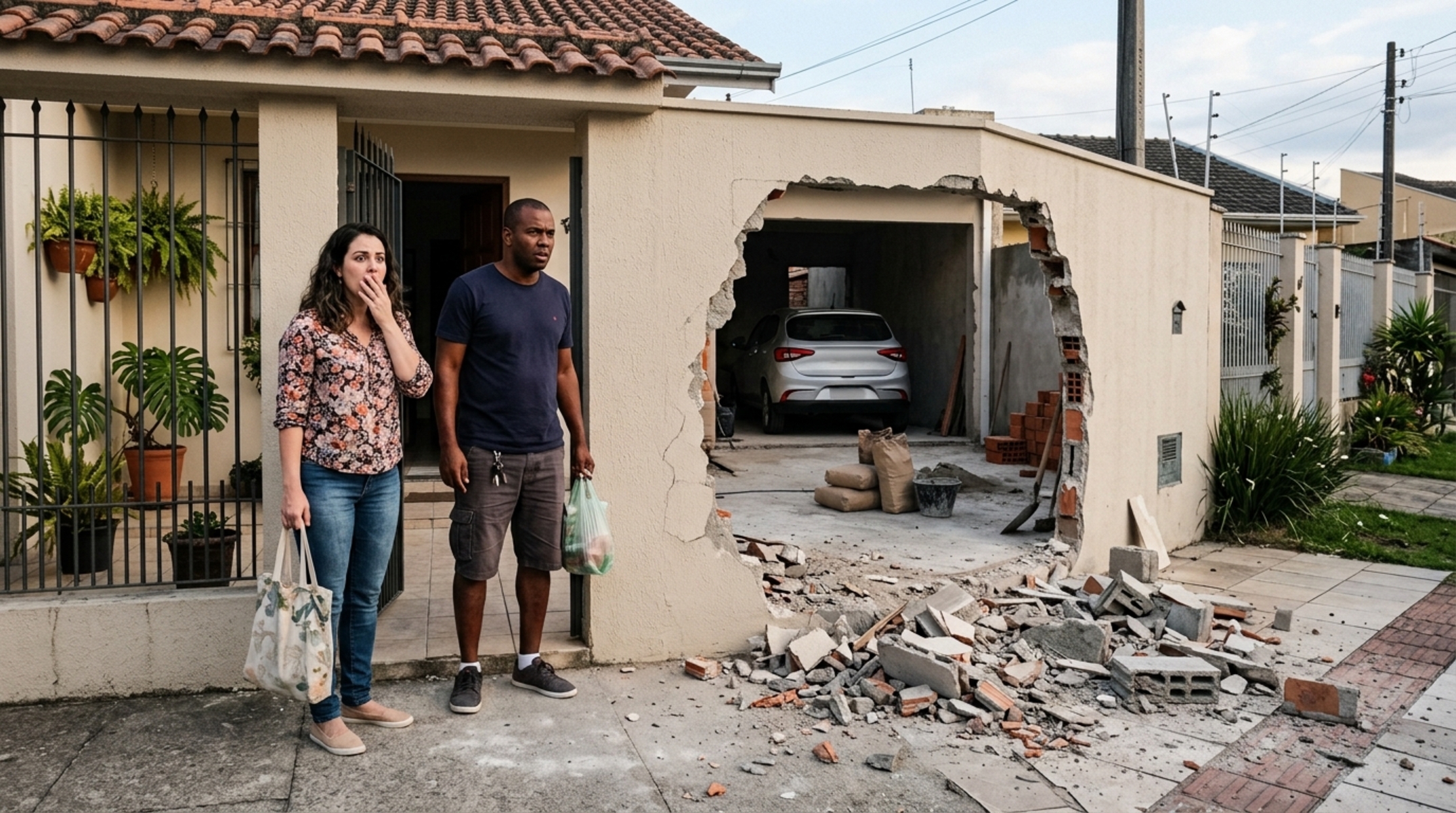 Casal passa fim de semana fora, ao voltar, descobre que seu vizinho derrubou parte do muro compartilhado para ampliar garagem sem comunicar e exige que estrutura seja reconstruída
