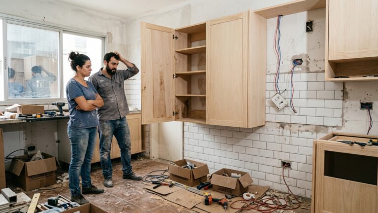 O armário planejado fica pronto depois de dois meses, mas montadores descobrem que a última porta abre exatamente sobre o interruptor da cozinha