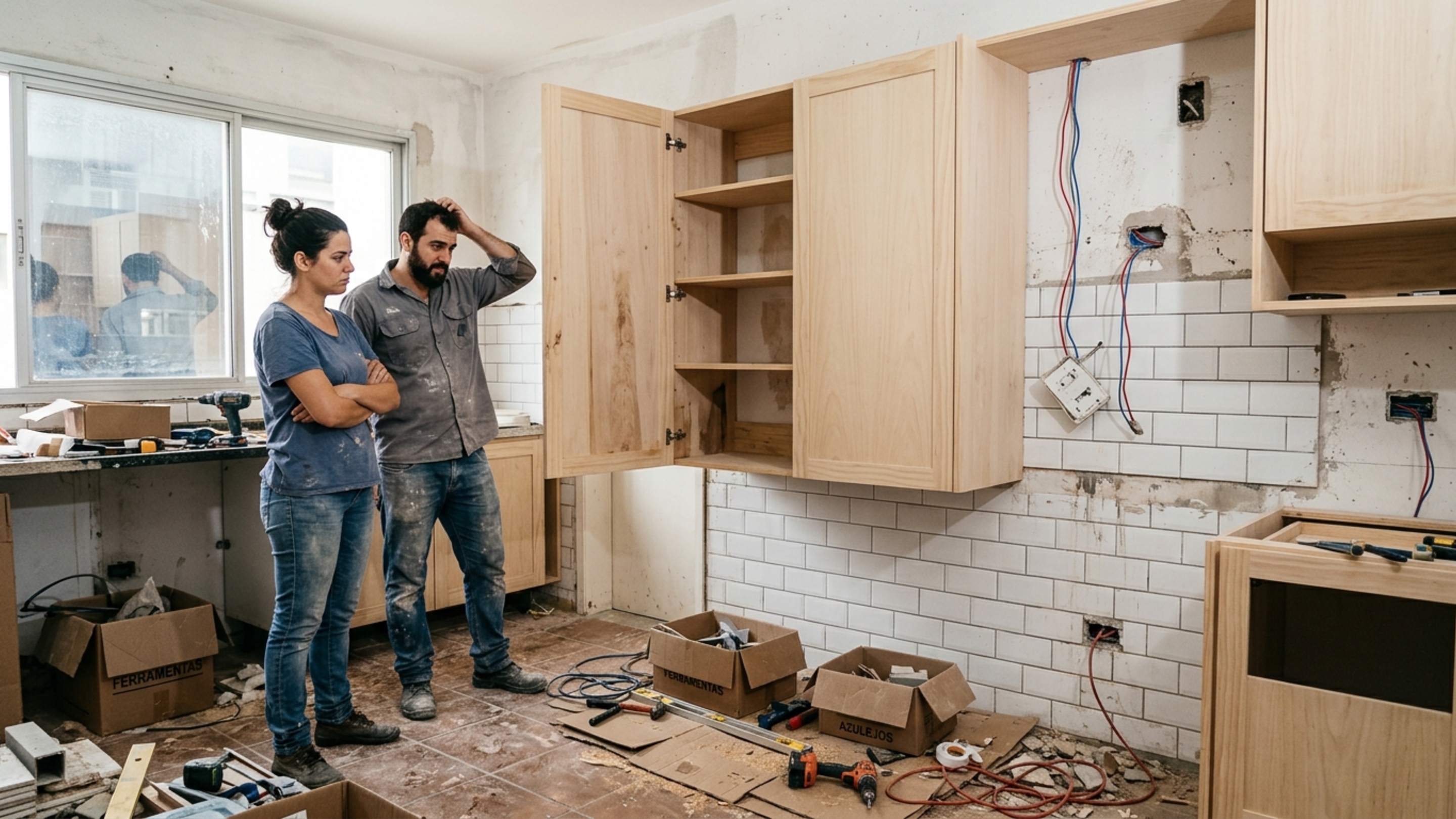 O armário planejado fica pronto depois de dois meses, mas montadores descobrem que a última porta abre exatamente sobre o interruptor da cozinha