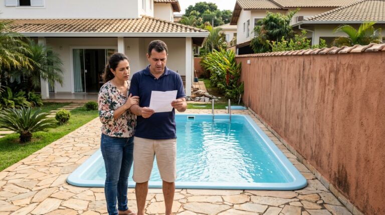 Casal instala piscina de fibra no quintal sem consultar a prefeitura e recebe notificação para demolir porque o recuo lateral do terreno não atende ao código de obras