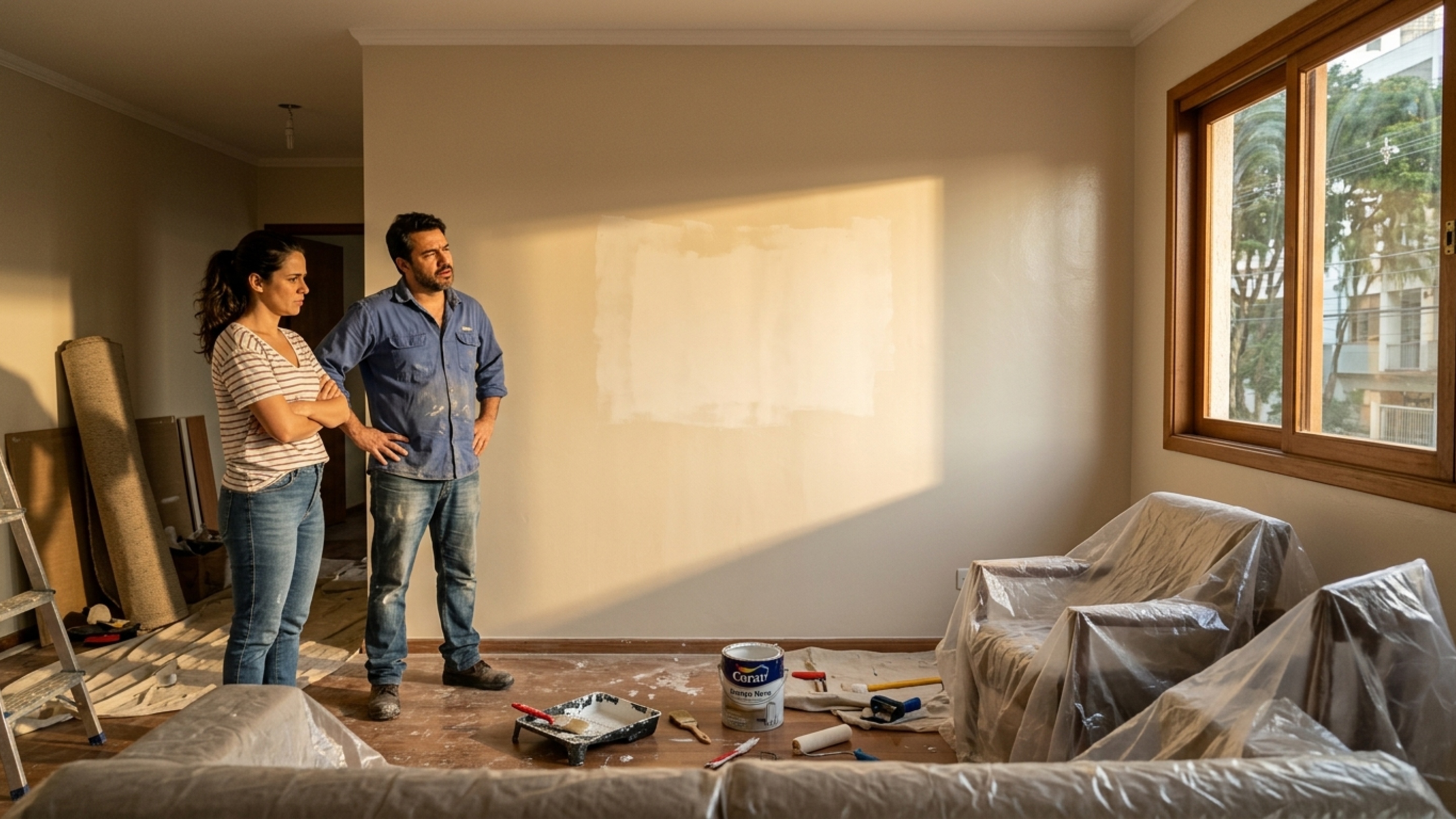 Pintor termina a sala e, quando o sol da tarde entra pela janela, proprietário percebe faixas mais claras atravessando toda a parede recém-pintada