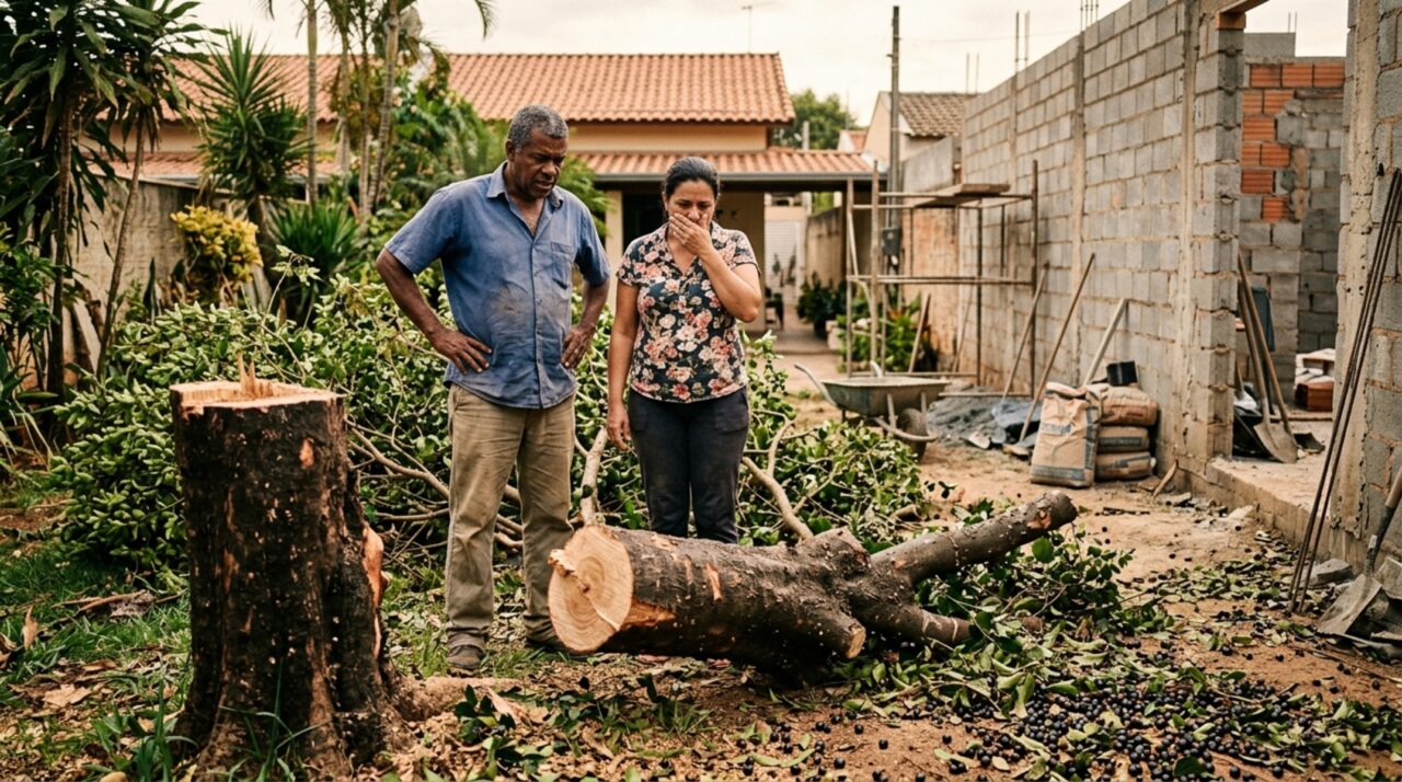 Casal retorna de viagem e encontra jabuticabeira com 15 anos de idade cortada durante uma obra no muro, ele pede reposição e ressarcimento pelos danos