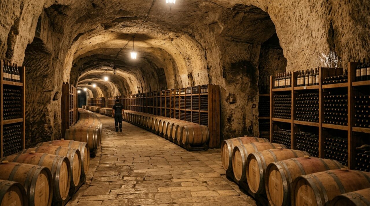 Uma rede subterrânea de 120 quilômetros nasceu de antigas pedreiras e virou uma cidade de corredores onde a temperatura natural mantém milhões de garrafas de vinho