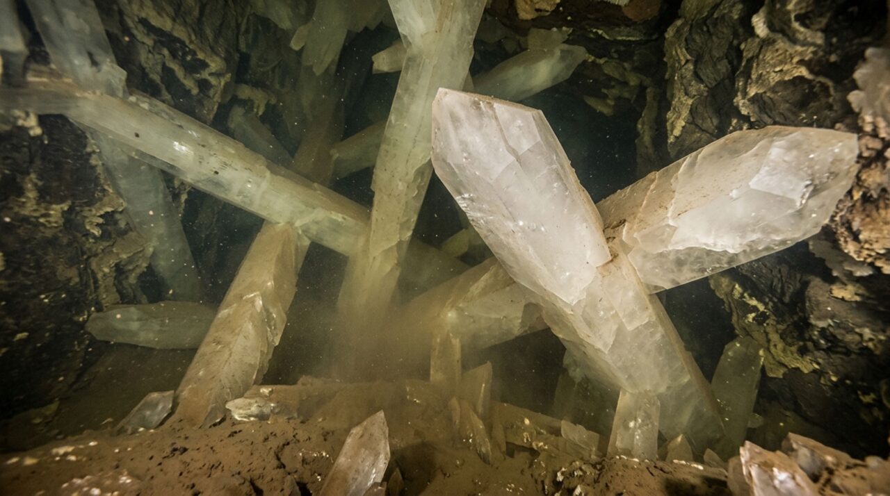 Cristais de selenita crescendo em água mineralizada no interior de Naica
