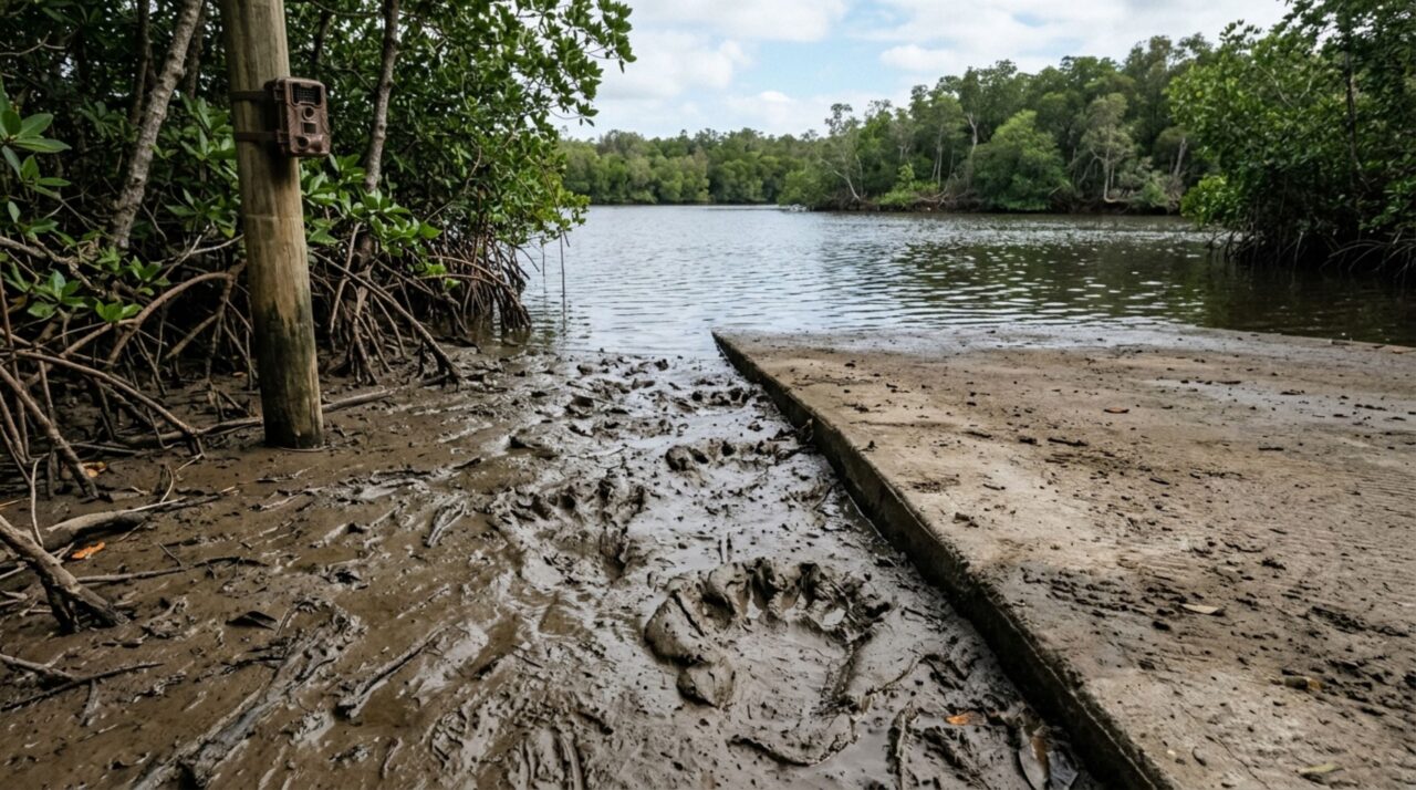 Pegadas, registros de câmera e horários de maré podem revelar um padrão de uso da rampa sem provar que todas as passagens pertencem ao mesmo crocodilo