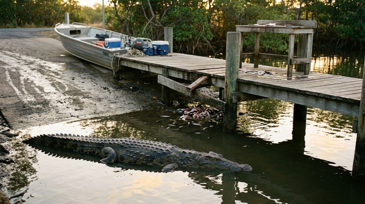 Durante dois meses, pescador encontra o mesmo crocodilo imóvel perto da rampa onde limpa os barcos, até perceber que restos de peixe caíam diariamente por uma abertura no piso e mantinham o animal naquele trecho do rio