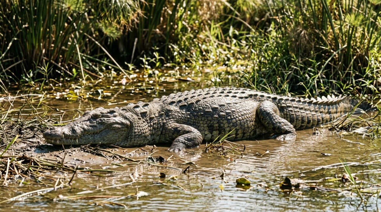 Crocodiliano em repouso durante o período de intensa digestão após uma refeição