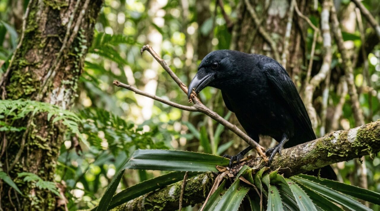 Ave moldando uma ferramenta vegetal antes de usá-la