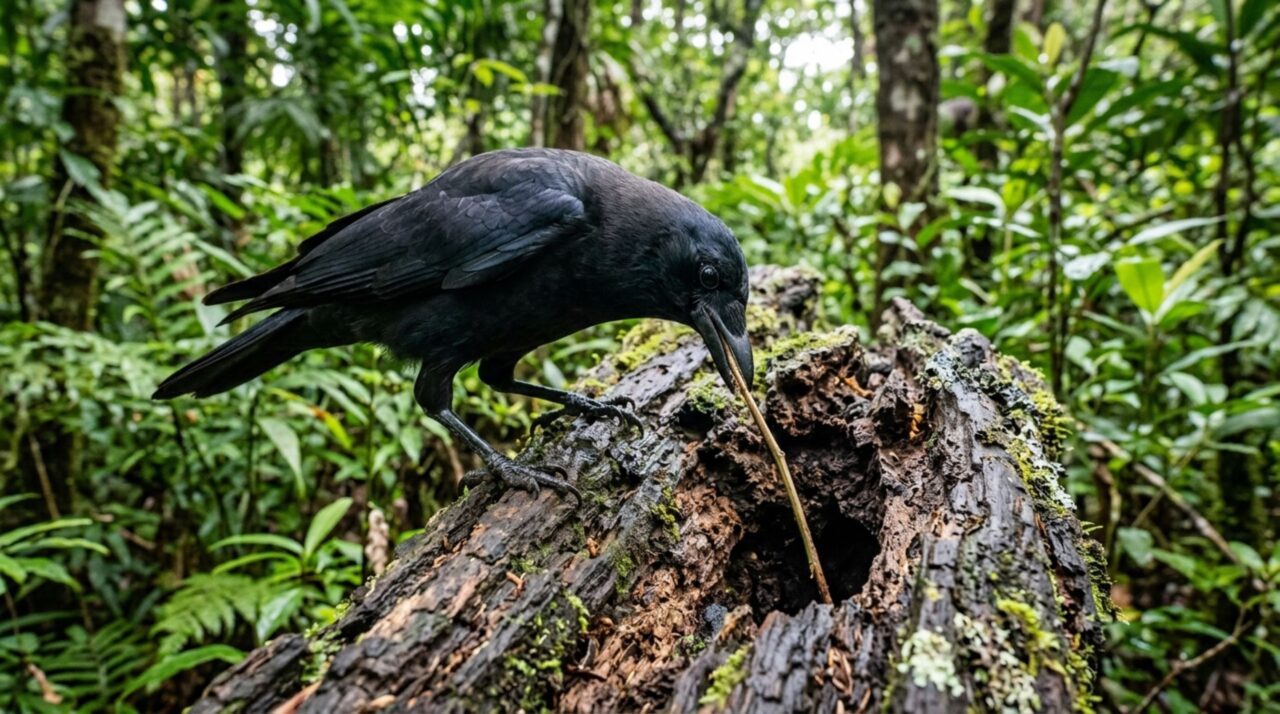 O pássaro que consegue fabricar suas próprias ferramentas usando pequenos galhos para alcançar alimentos escondidos onde o bico não chegaria sozinho