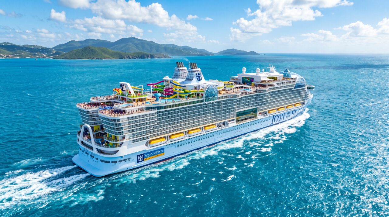 Ostentando 20 decks e 7 piscinas, o gigante dos mares pesa 250.800 toneladas brutas e abriga até 7.600 passageiros em seus 365 metros de comprimento