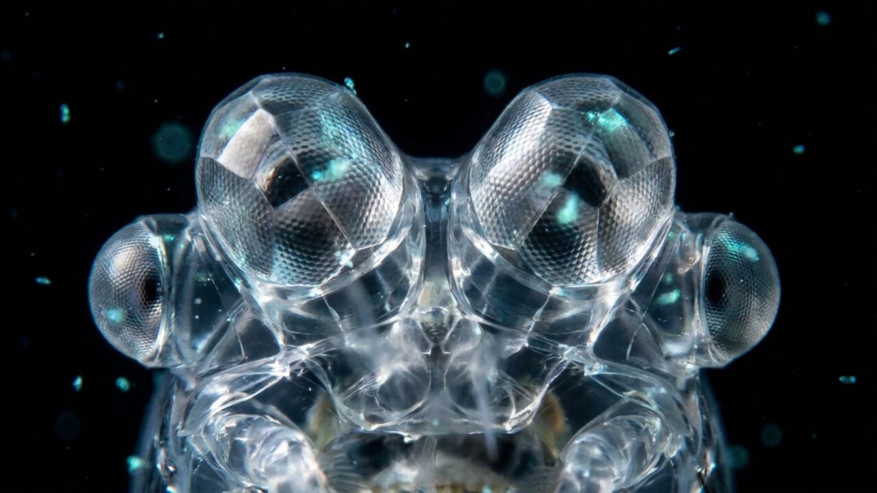 Um pequeno crustáceo do mar profundo carrega dois pares de olhos e usa estruturas transparentes para enxergar num ambiente onde quase não existe luz