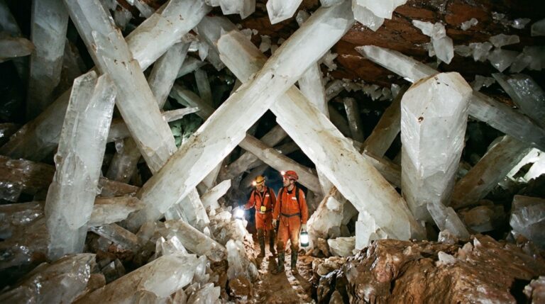Gigantescos cristais de selenita no interior da caverna de Naica