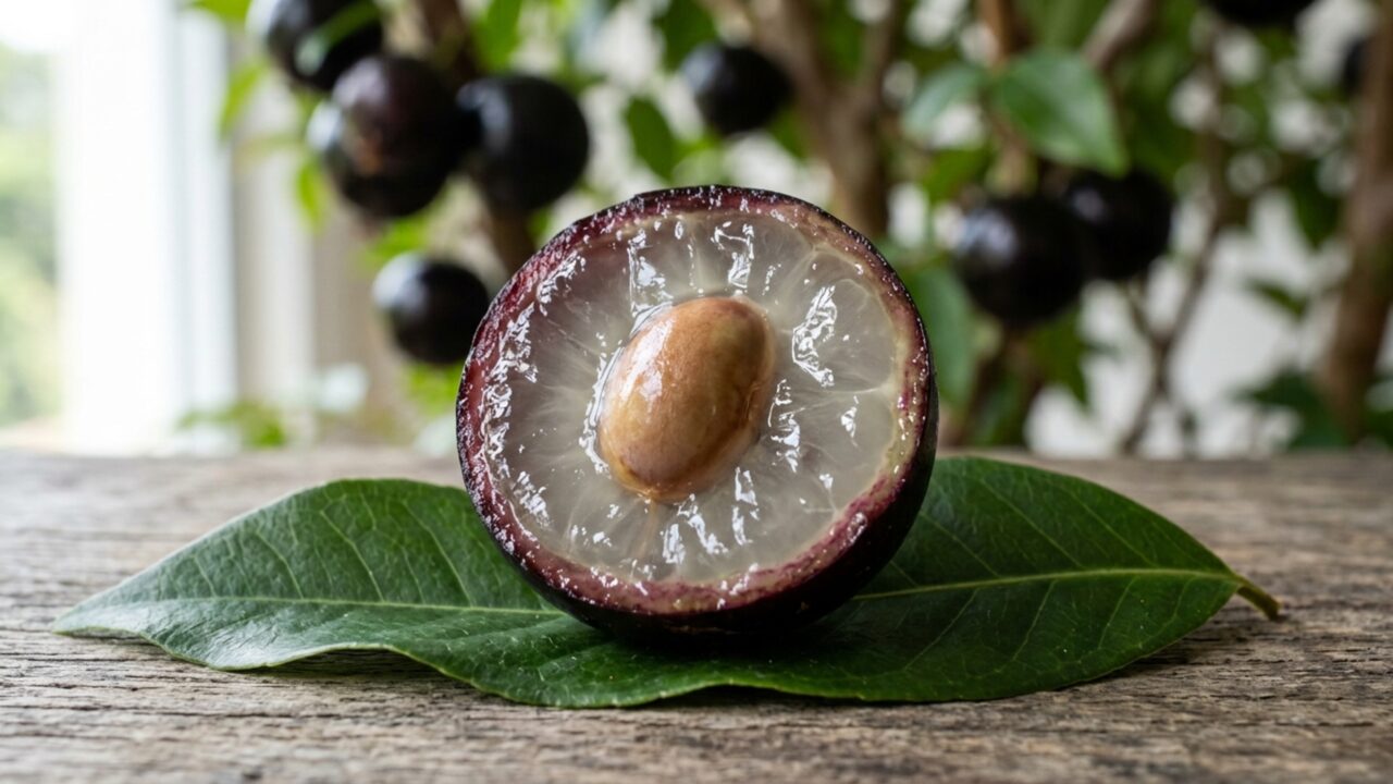 Adeus, fruta comum: esta pequena esfera de casca roxa esconde uma polpa branca translúcida e nasce diretamente no tronco da árvore