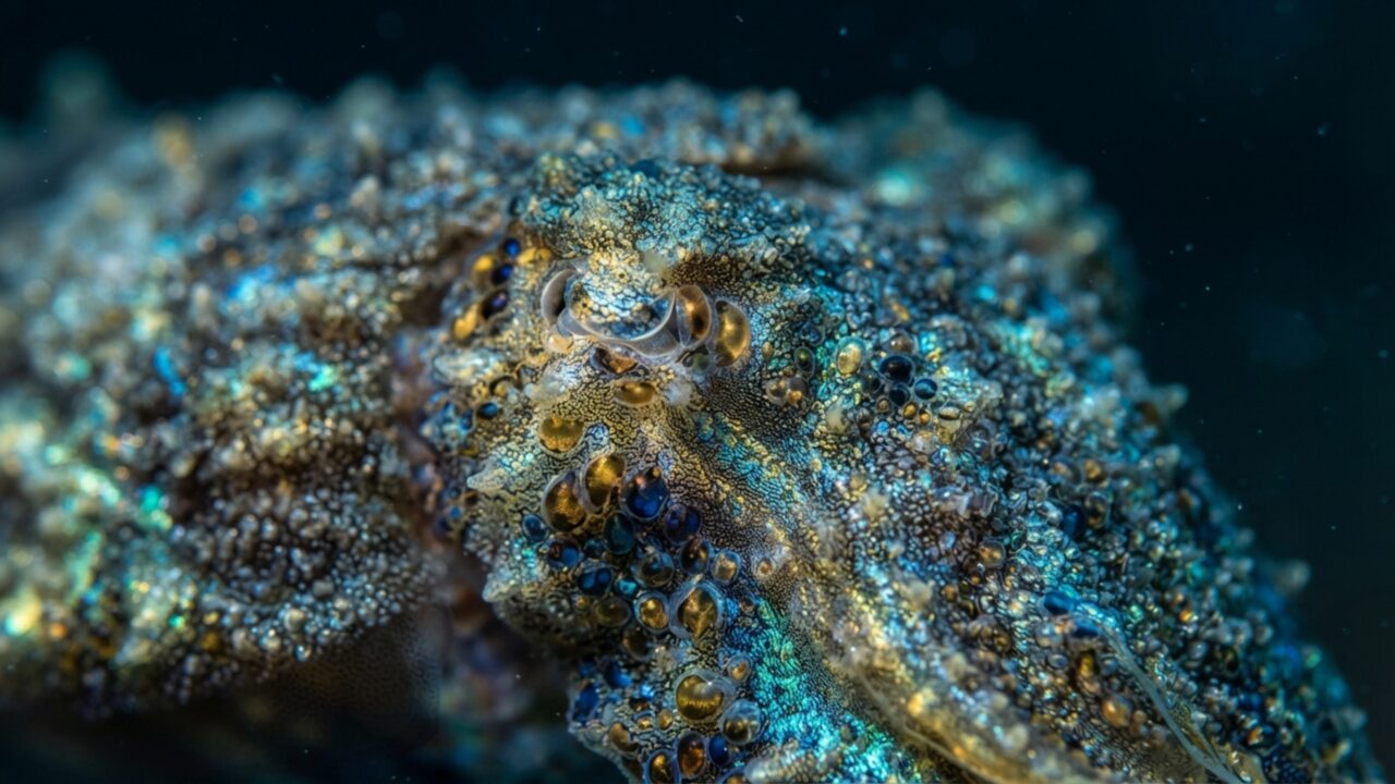 Ela muda do azul metálico ao dourado em instantes e ainda carrega uma concha porosa escondida dentro do próprio corpo