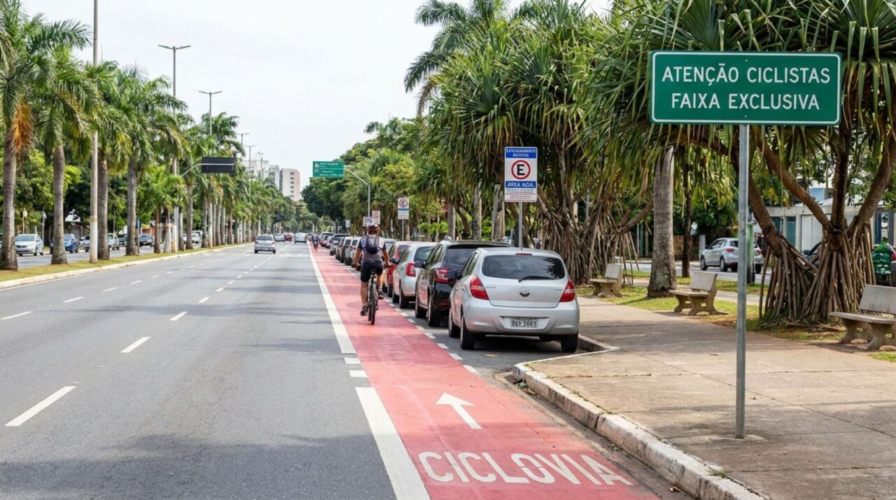 Motorista estaciona sobre a ciclofaixa porque não encontra vaga na rua e pode ter o carro removido mesmo fora do horário de pico