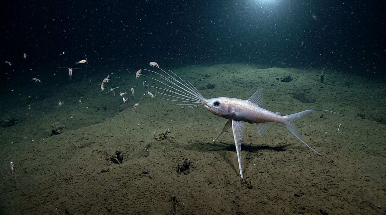 Nadadeiras peitorais sensíveis ajudam o peixe-tripé a detectar pequenas presas na escuridão