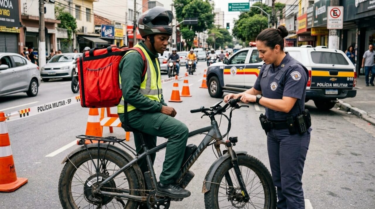 Entregador troca a moto por bicicleta elétrica para fugir de IPVA e habilitação, é parado na blitz e descobre que o motor de 1.500 W e o acelerador no guidão transformam o veículo em ciclomotor