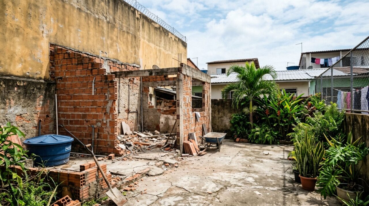 Mulher compra imóvel com edícula, inicia a demolição e descobre que uma das paredes segurava o muro alto construído pelo vizinho