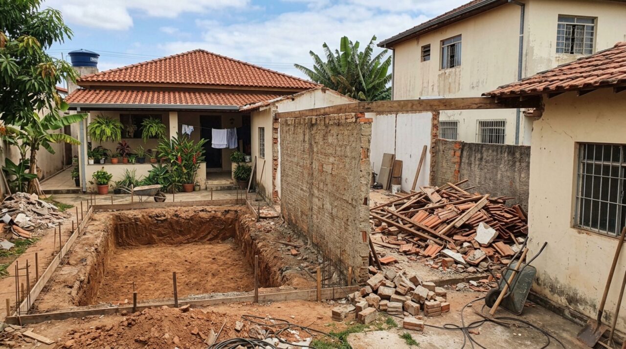 Mulher compra casa com edícula nos fundos, decide demolir a construção para aumentar o quintal e construir piscina, descobre que uma parede também sustenta parte da estrutura da casa ao lado, vizinho exige que a construção não seja demolida, pois isso comprometeria sua casa