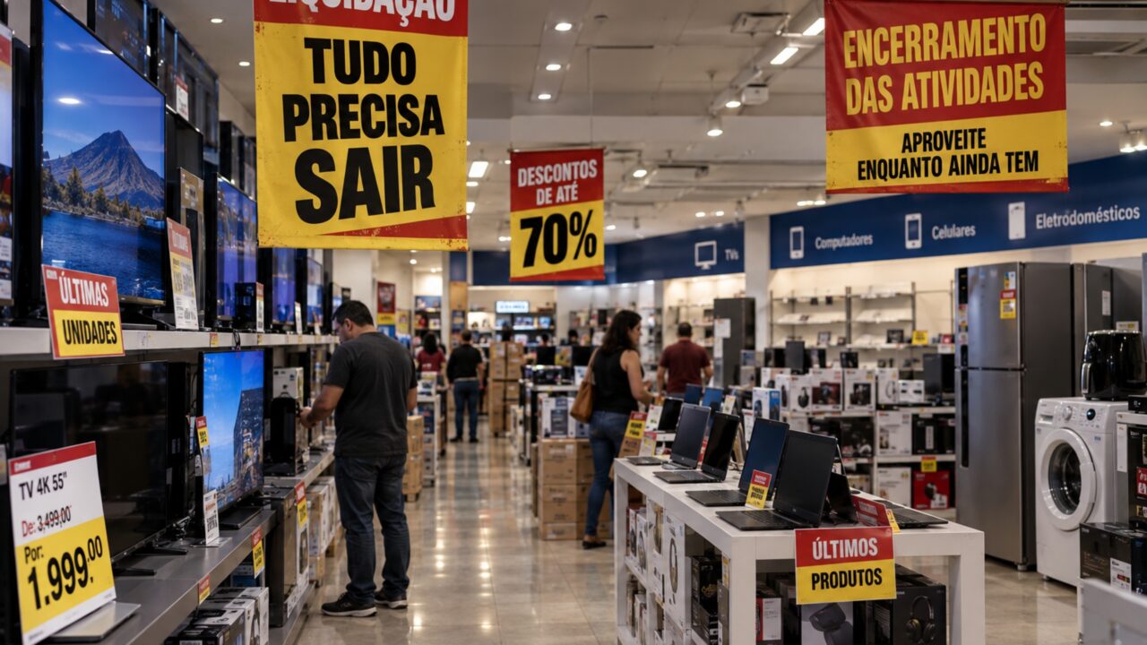Depois de 43 anos, uma rede de eletrônicos chega às últimas semanas com 30 lojas ainda vendendo tudo pela frente e cerca de 1.500 funcionários sabendo que o fim estava próximo