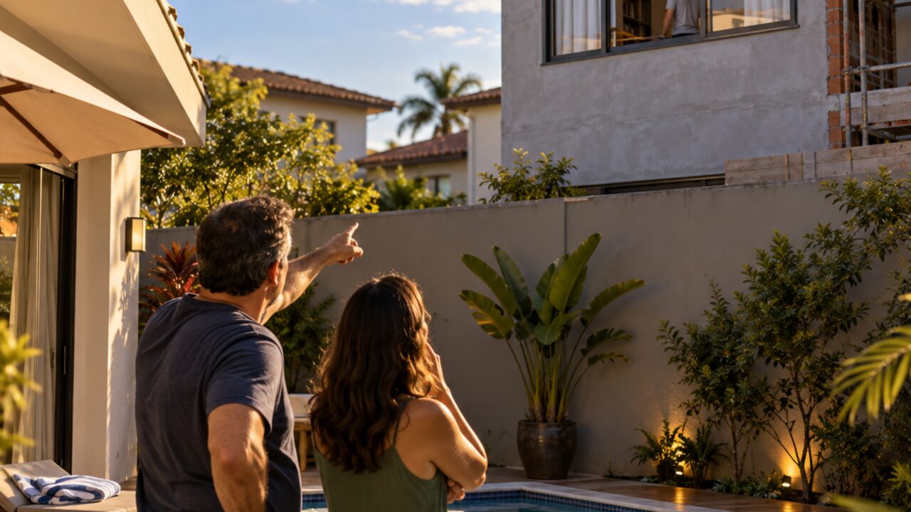 Depois que a casa ao lado ganha um segundo andar, quem morava ali havia 20 anos percebe que uma nova janela ficou exatamente de frente para sua piscina