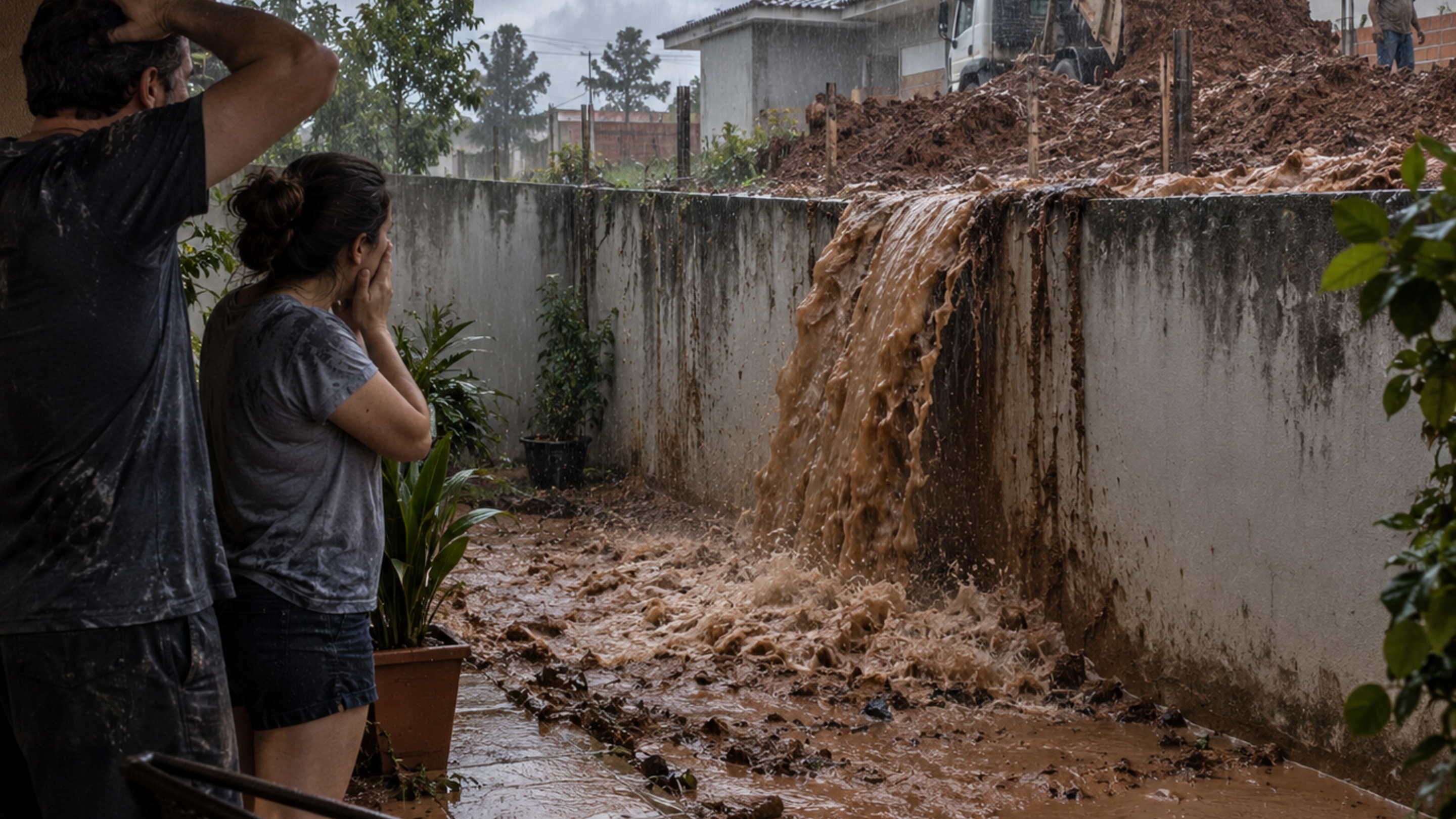 Depois que vizinho eleva o terreno com vários caminhões de terra, família vê água e barro atravessarem o muro na primeira chuva forte