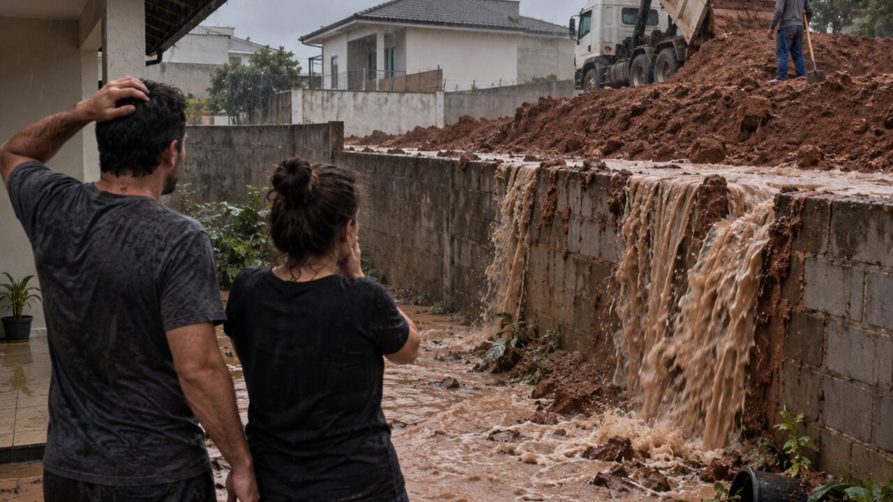 Depois que vizinho eleva o terreno com vários caminhões de terra, família vê água e barro atravessarem o muro na primeira chuva forte