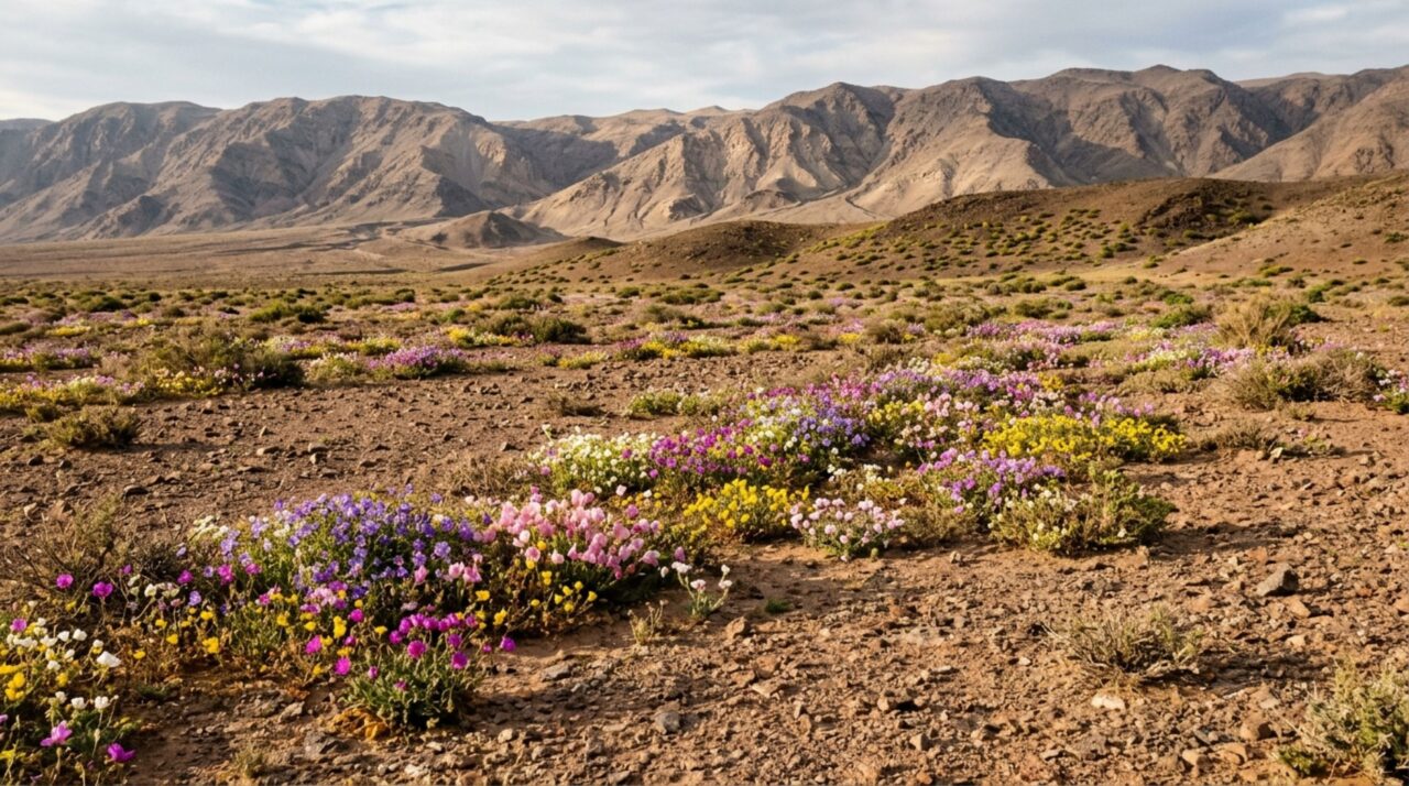 O deserto que pode permanecer seco durante anos e, depois de determinadas chuvas, fica coberto por milhares de flores em poucas semanas