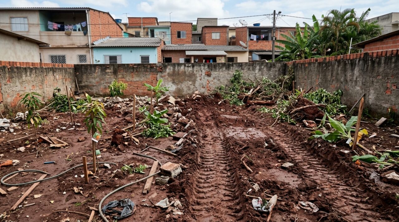 Casal passa alguns dias fora e encontra canteiro de árvores frutíferas destruído por máquinas de uma obra vizinha, ele pede recomposição da área
