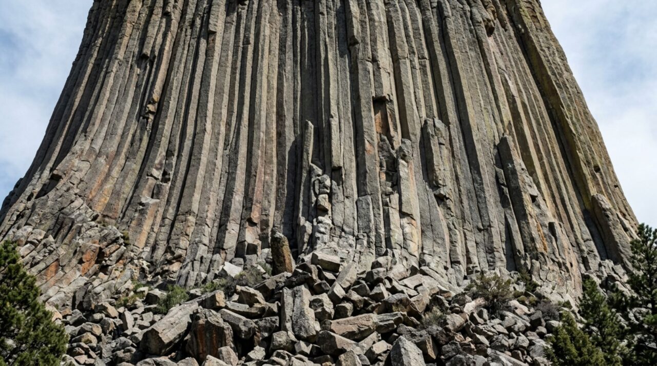 As fraturas paralelas da Devils Tower revelam o fraturamento colunar criado pela contração da rocha ígnea, enquanto blocos na base mostram a erosão ainda em andamento