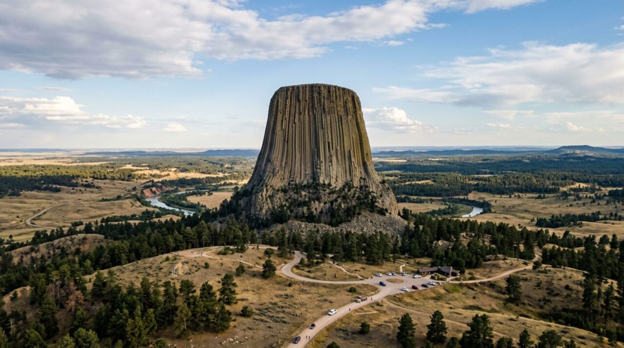 Uma torre natural de 264 metros sobe quase verticalmente das planícies e guarda centenas de rachaduras paralelas que parecem ter sido cortadas à mão