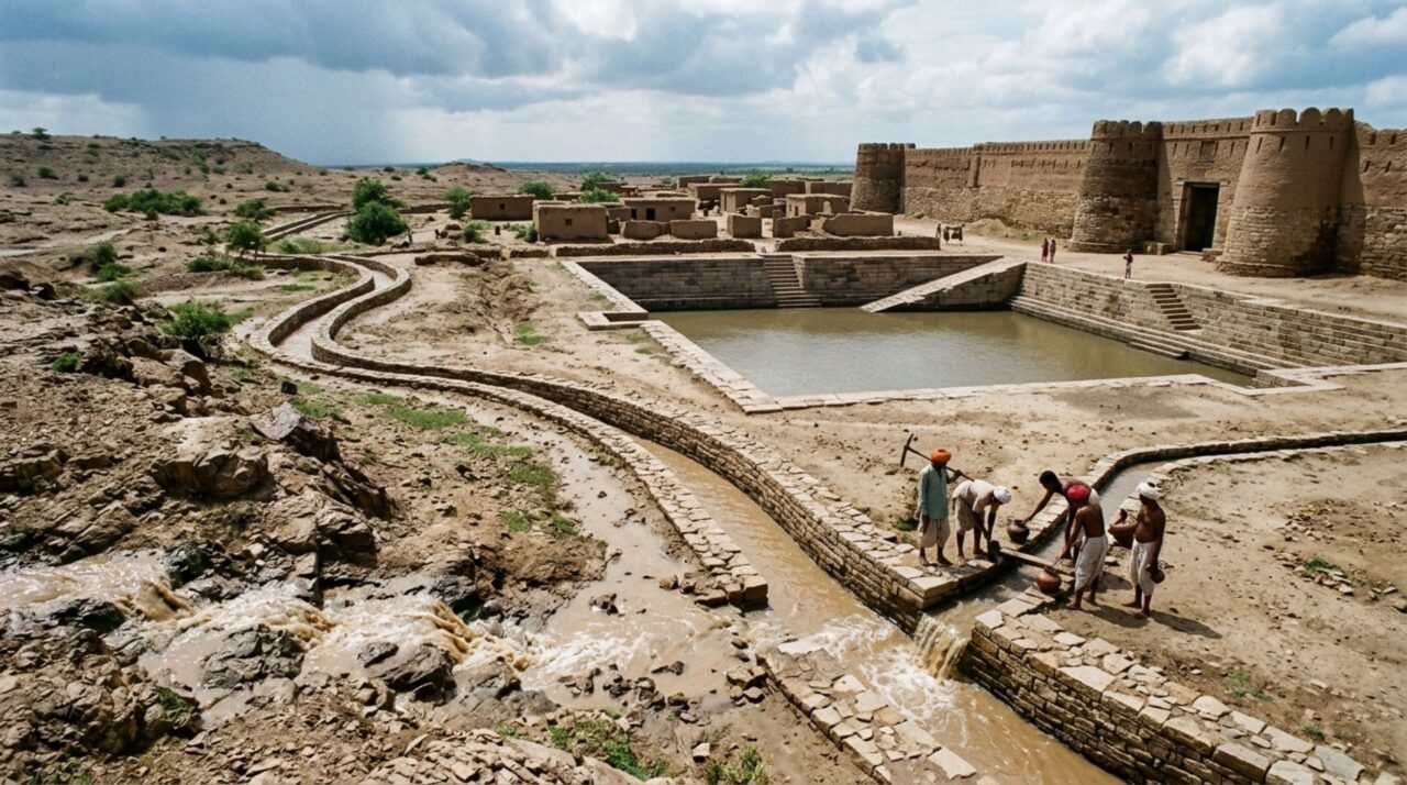 Em Dholavira, canais e drenagens direcionavam a água disponível para reservatórios capazes de sustentar a cidade durante períodos mais secos