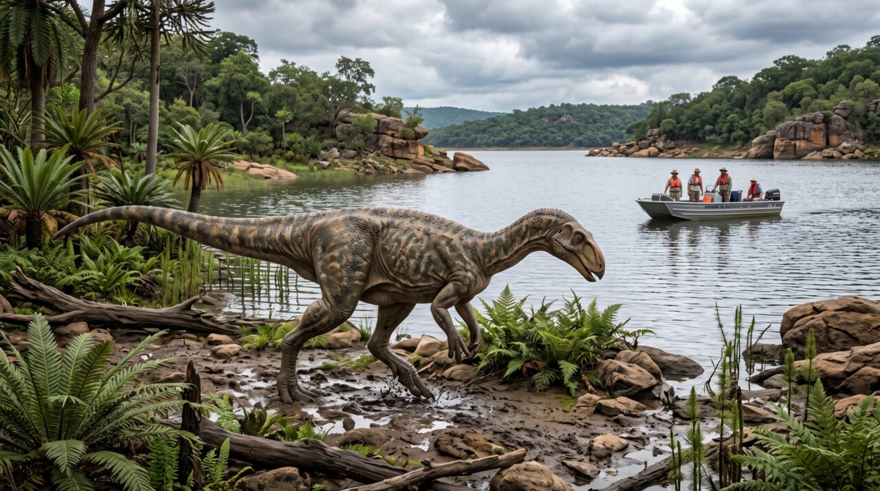 Um dinossauro de 4,5 metros apareceu poucos metros acima da água porque paleontólogos decidiram procurar fósseis de barco entre crocodilos e hipopótamos