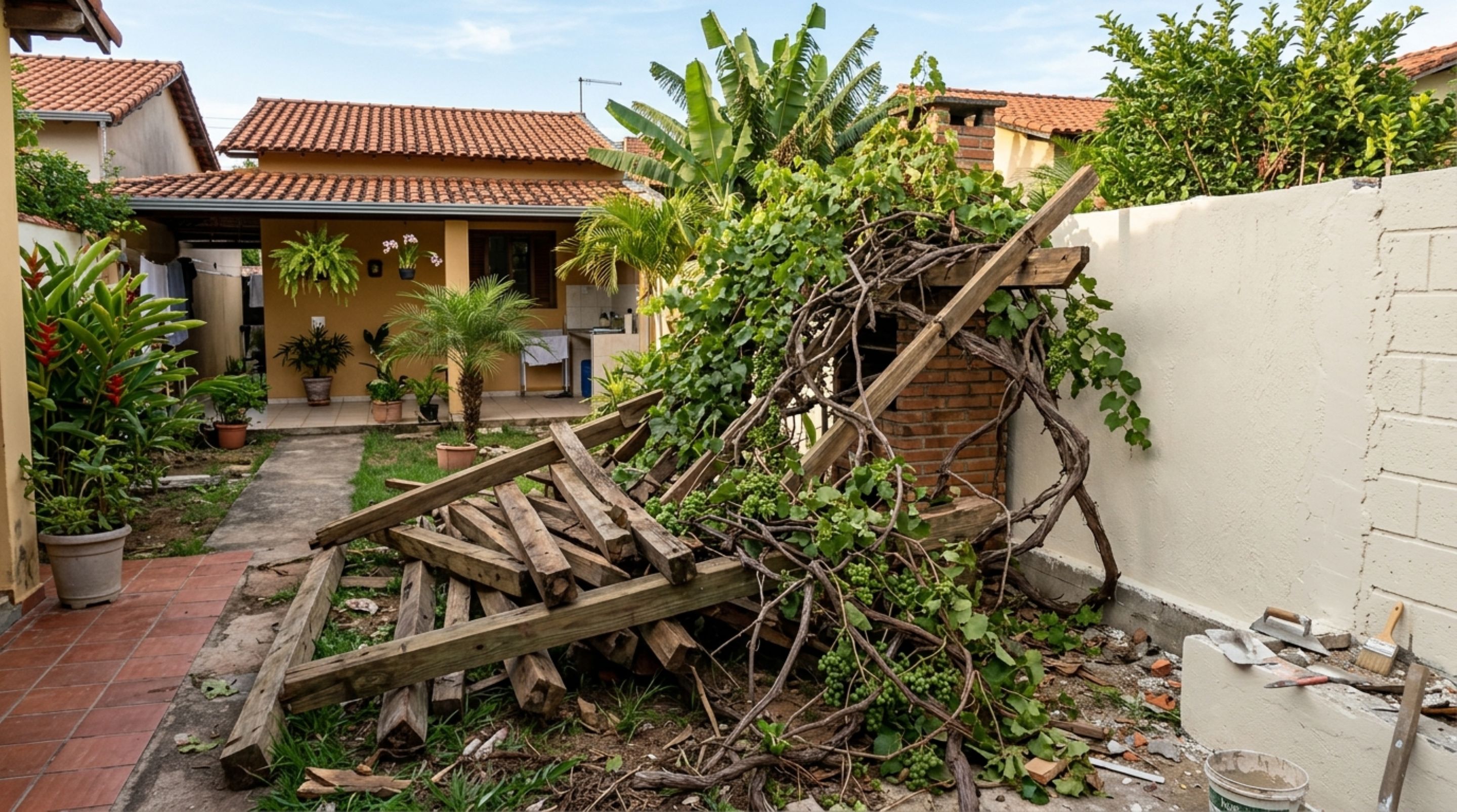 Família volta de férias e encontra pergolado com videira antiga desmontado durante reparo no muro, ela exige reconstrução e reposição das plantas