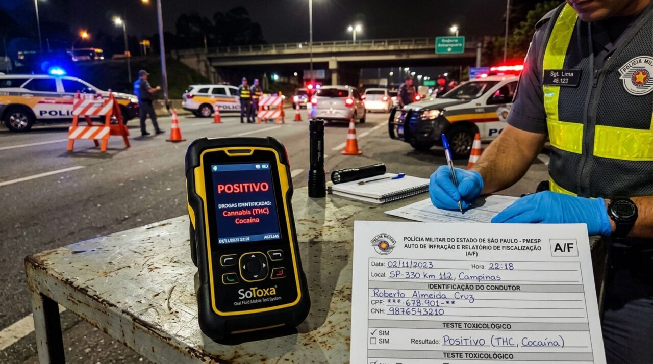 Motorista é parado em blitz, aparelho detecta outra substância psicoativa, condutor acredita que a Lei Seca vale apenas para álcool e fiscalização explica como funciona a nova regra