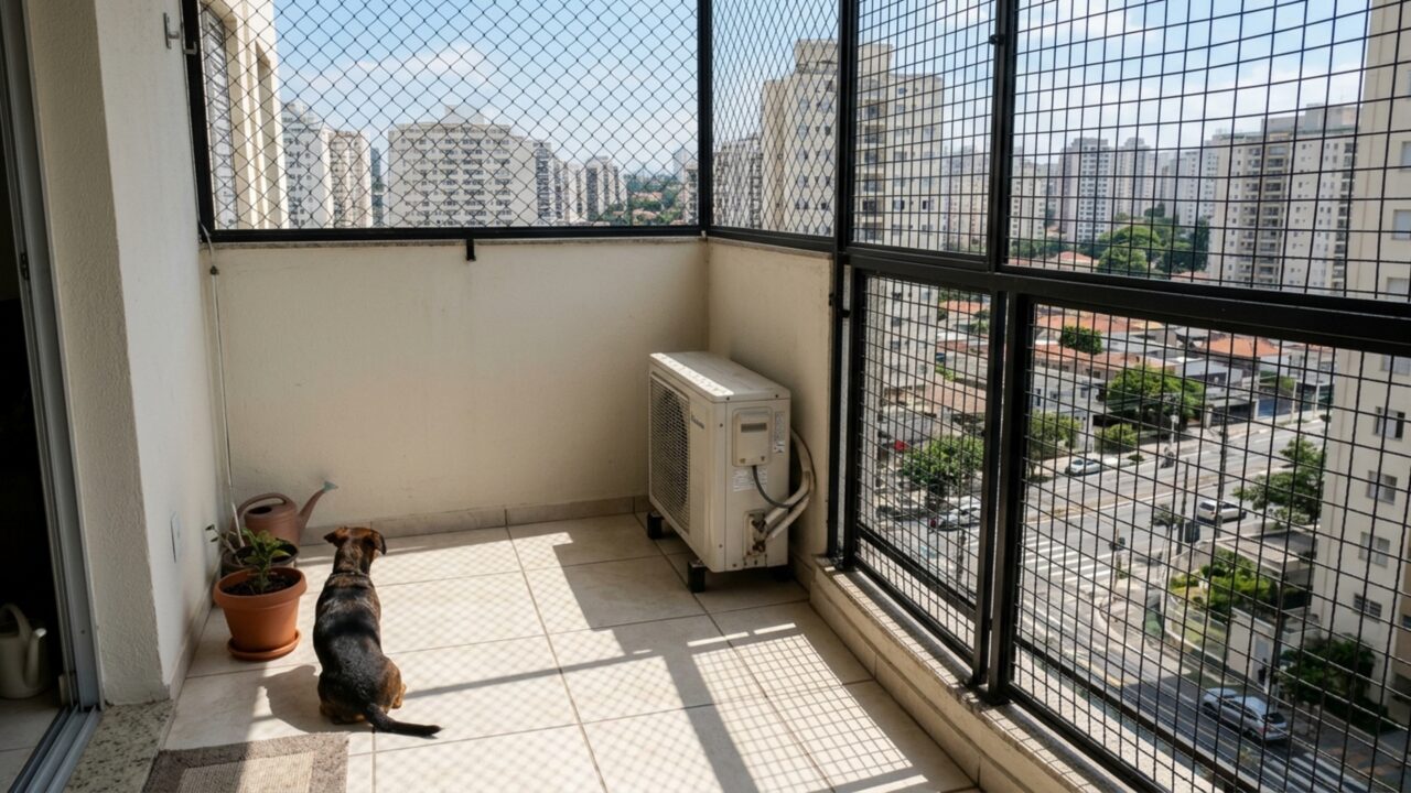 Morador instala uma tela rígida na sacada para proteger o cachorro percebe depois que a estrutura impede a retirada da condensadora do ar-condicionado para manutenção