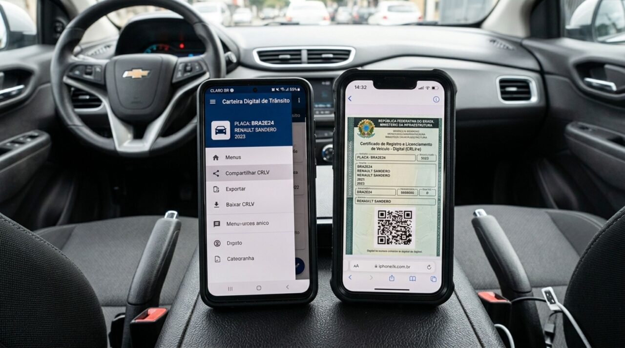 Condutora é parada em blitz dirigindo o carro do marido, procura o CRLV no aplicativo e descobre que o veículo não aparece em sua conta, fiscalização explica como compartilhar o documento digital