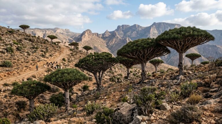A árvore-sangue-de-dragão é uma das formas vegetais mais características de Socotra
