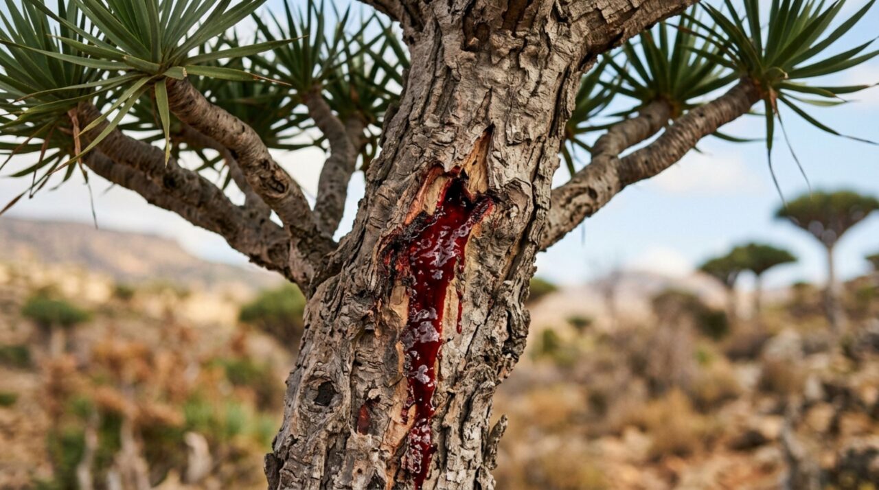 A resina vermelha do dragoeiro de Socotra deu origem ao nome sangue-de-dragão e marcou usos tradicionais ao longo dos séculos