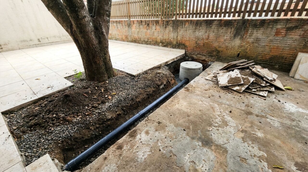 Morador fecha o jardim com porcelanato e, meses depois, raízes sufocadas levantam o piso e rompem a tubulação de drenagem