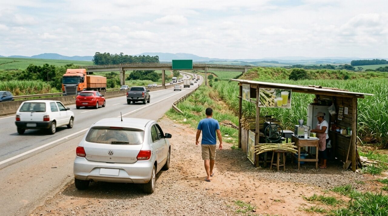 Motorista para no acostamento da rodovia só para comprar caldo de cana, fica menos de cinco minutos fora do carro e descobre que a parada rápida pode virar multa