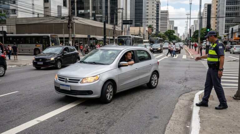 Motorista é multado por dar seta e mudar de faixa no meio do cruzamento e descobre que a manobra é proibida mesmo com sinalização