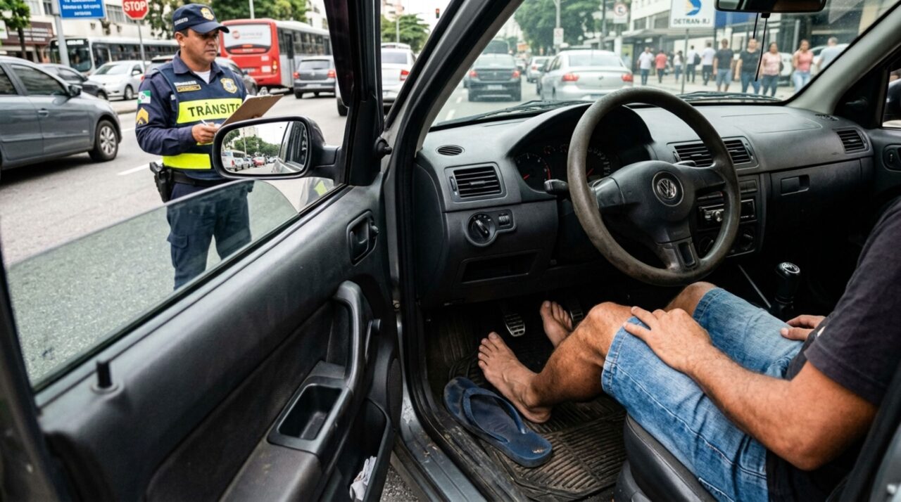 Motorista é parado em blitz usando chinelo, acredita que tirar o calçado antes de continuar dirigindo daria na mesma, fiscalização explica por que dirigir de chinelo e dirigir descalço não recebem o mesmo tratamento no CTB