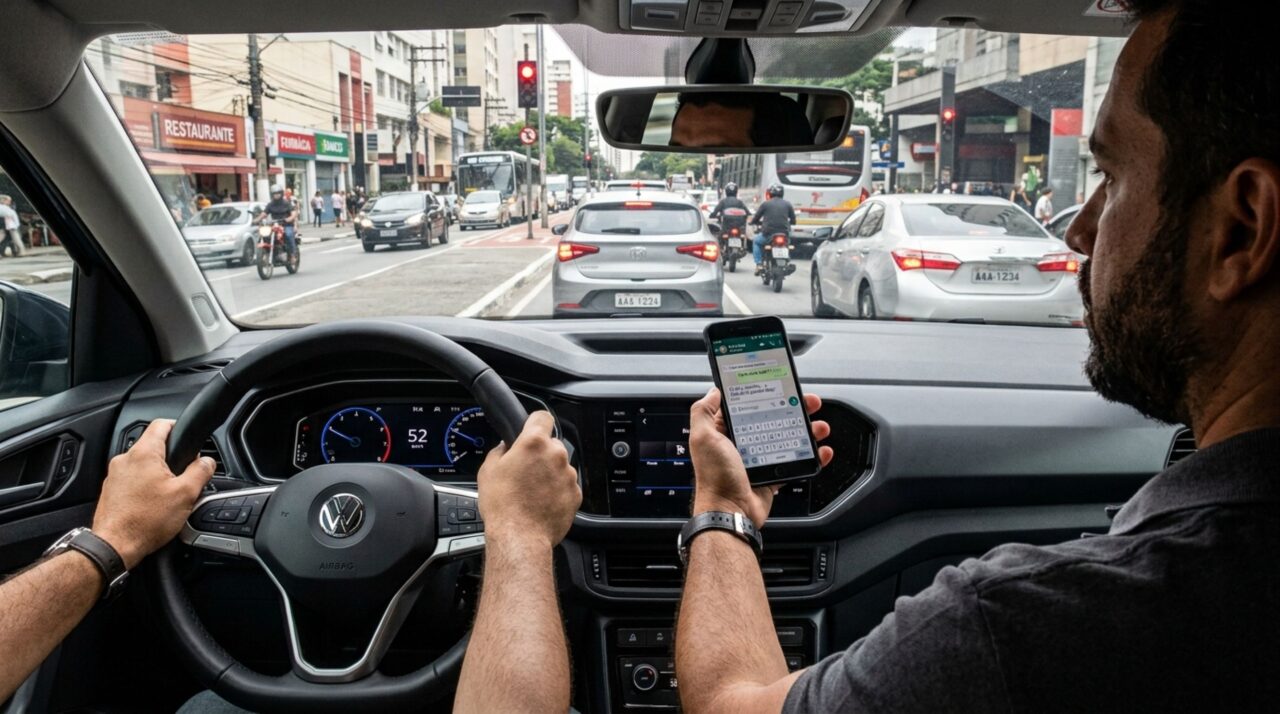 Motorista é flagrado com celular na mão durante o trajeto, acredita que olhar a tela por poucos segundos não faria diferença, fiscalização explica quando o uso do telefone se transforma em infração gravíssima