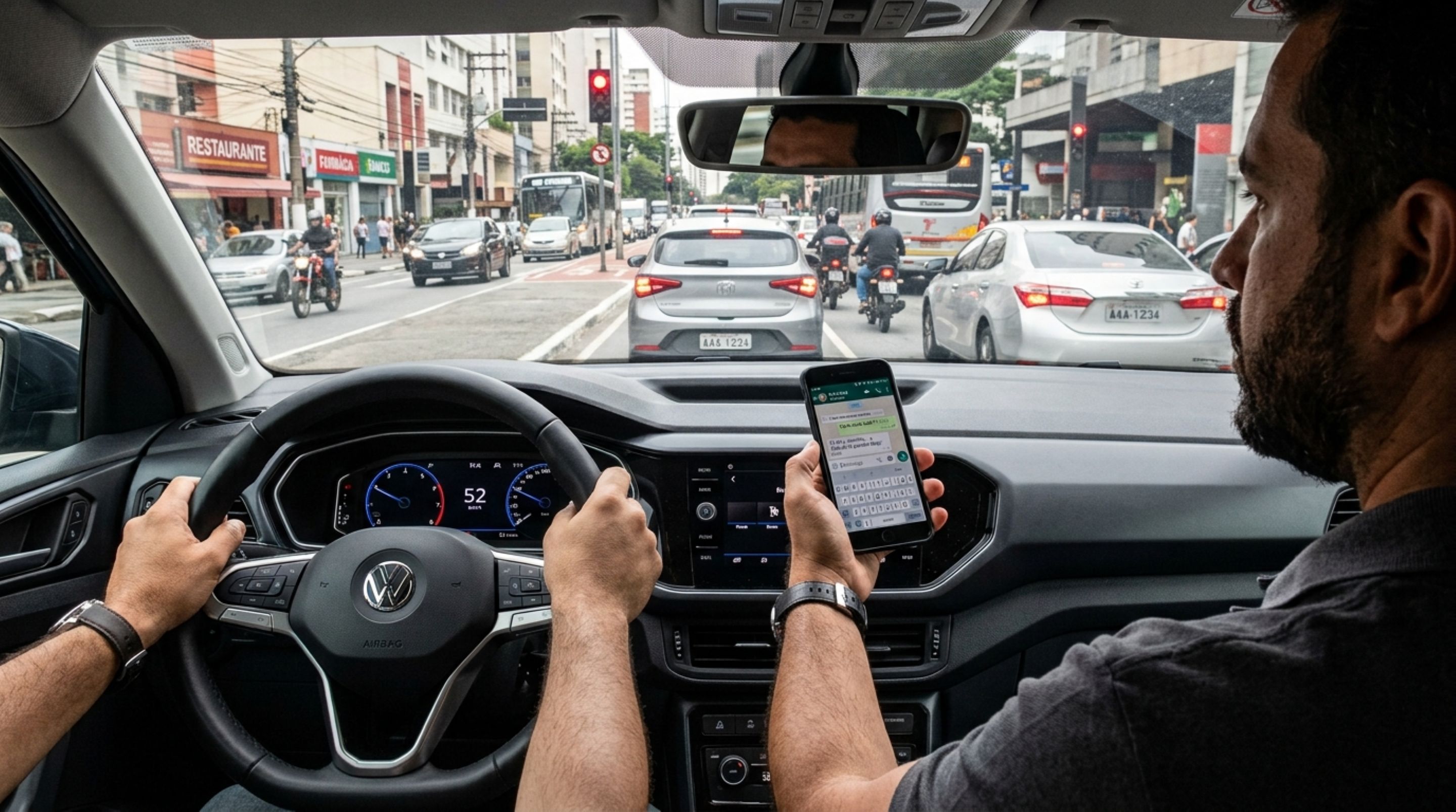 Motorista é flagrado com celular na mão durante o trajeto, acredita que olhar a tela por poucos segundos não faria diferença, fiscalização explica quando o uso do telefone se transforma em infração gravíssima